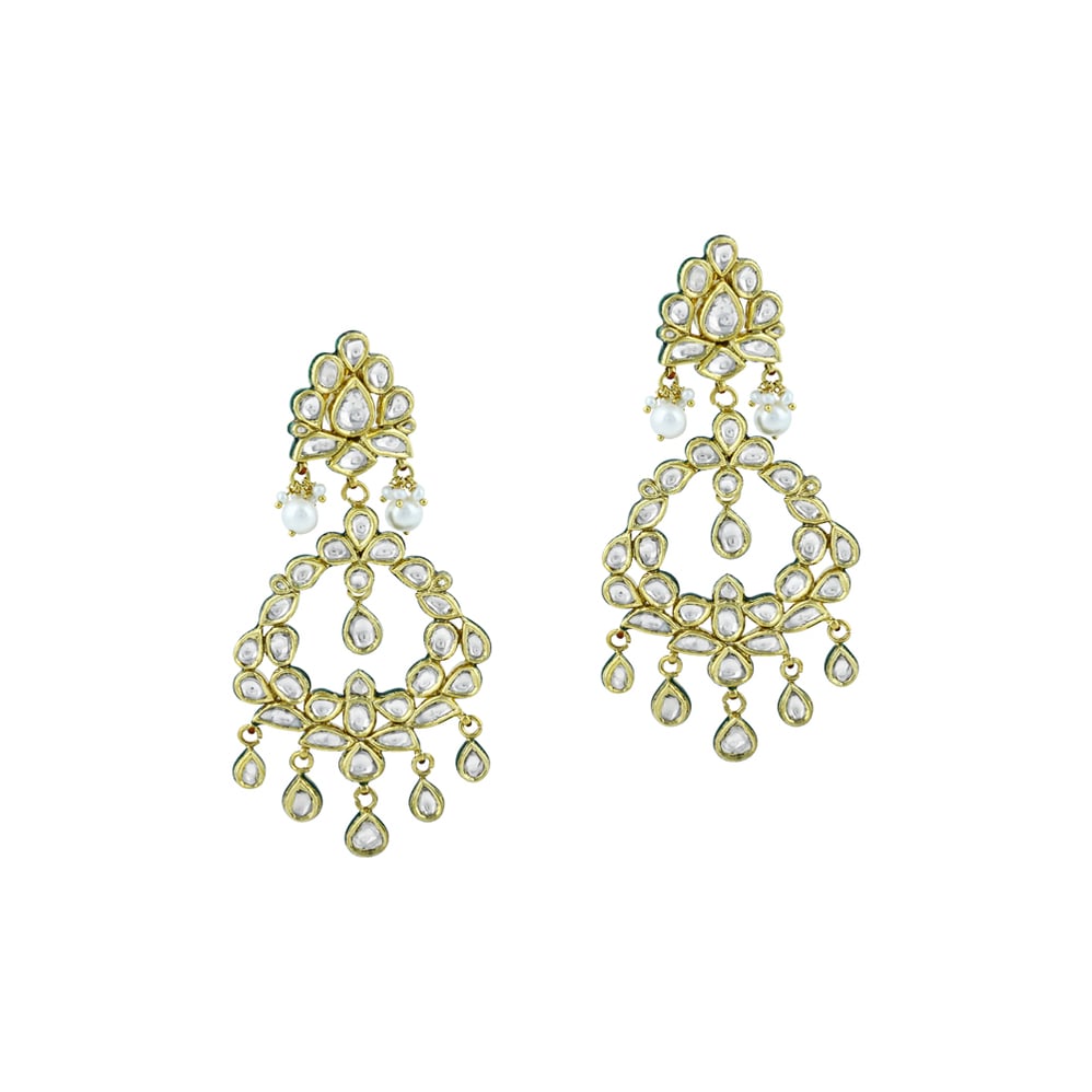 Polki Chandelier Earrings with Teardrops and Pearls